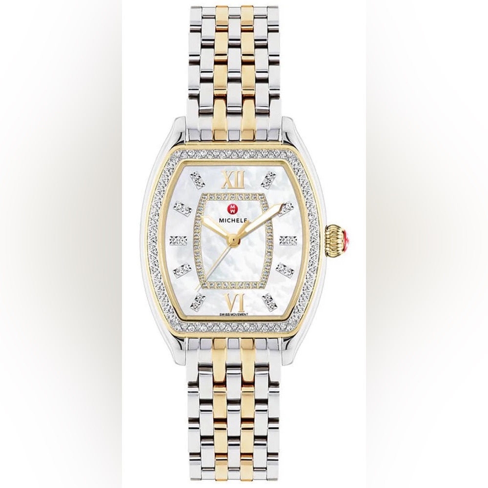 Michele Releve Two-Tone Gold & Steel Diamonds Mother-of-Pearl Dial Quartz Watch